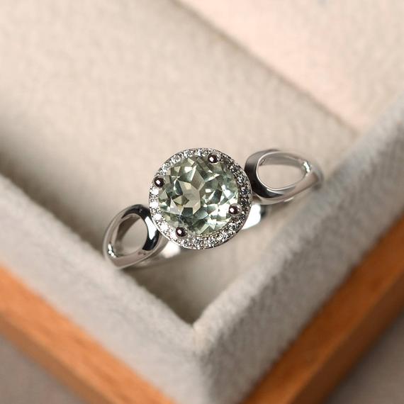 Natural Green Amethyst Rings, Wedding Rings, Round Cut Rings, Sterling Silver Rings, Halo Rings