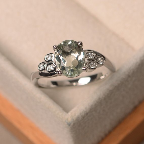 Green Amethyst Ring, Oval Cut Engagement Ring, Sterling Silver Ring