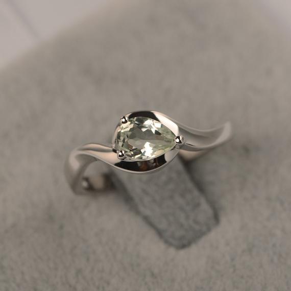 Green Amethyst Ring Pear Cut Solitaire Ring Engagement Ring For Her