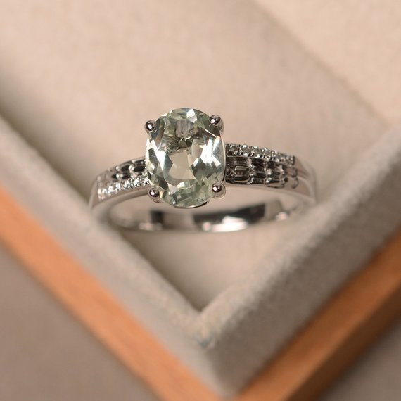 Green Amethyst Ring, Silver, Oval Cut Engagement Ring
