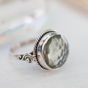 Green Amethyst Ring ~ Statement ~ Gemstone ~ Faceted ~ Handmade ~ Sterling Silver 925 ~ Round ~ Circle ~Thin Band ~Bohemian~Gypsy~Gift~MR124 | Natural genuine Green Amethyst rings, simple unique handcrafted gemstone rings. #rings #jewelry #shopping #gift #handmade #fashion #style #affiliate #ad