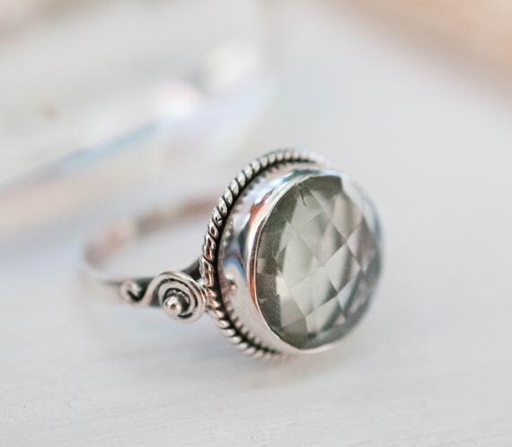 Green Amethyst Ring ~ Statement ~ Gemstone ~ Faceted ~ Handmade ~ Sterling Silver 925 ~ Round ~ Circle ~thin Band ~bohemian~gypsy~gift~mr124