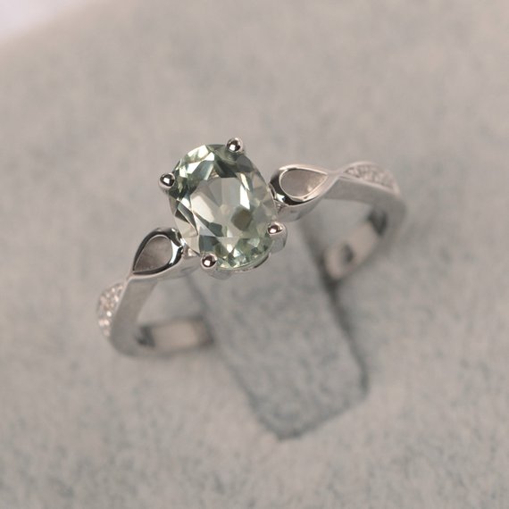 Green Amethyst Ring White Gold Wedding Ring For Women Oval Cut Gemstone Ring