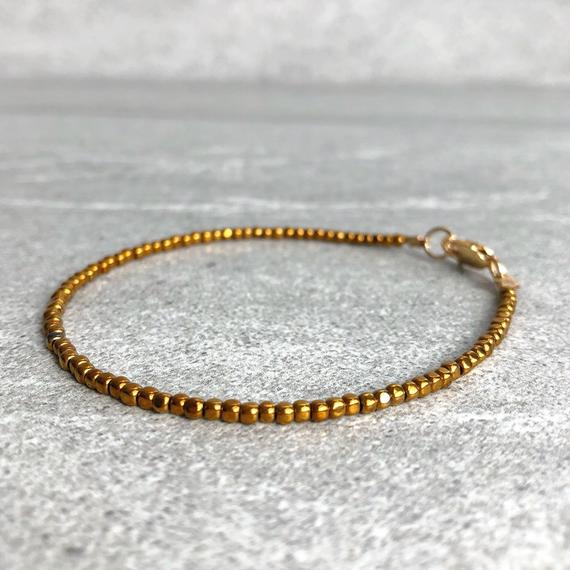 Gold Bead Bracelet | Stackable Bracelets For Women | Delicate Gemstone Bracelet | Gold Hematite Jewelry | Crystal Square Bead Bracelet