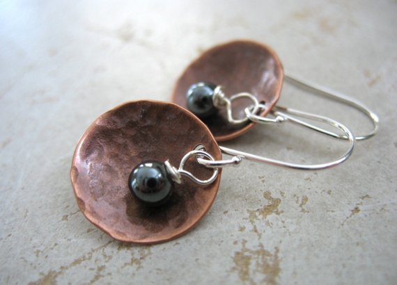 Copper Earrings, Hematite Copper Earrings, Stone Hammered Copper Dome Dangle Drop Earrings, Handmade Metalwork Earrings