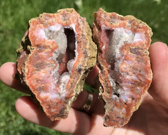 Pink Red And Purple Chalcedony Geode With Hematite From Morocco #2