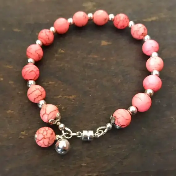 Fluorescent Pink Magnesite Bead Bracelet - Howlite Gemstone Jewellery - 925 Sterling Silver Jewelry - Bell Charm