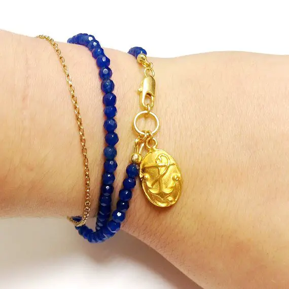 Cobalt Blue Bracelet - Jade Gemstone Jewelry - Wrap Jewellery - Gold Anchor Charm - Nautical - Modern