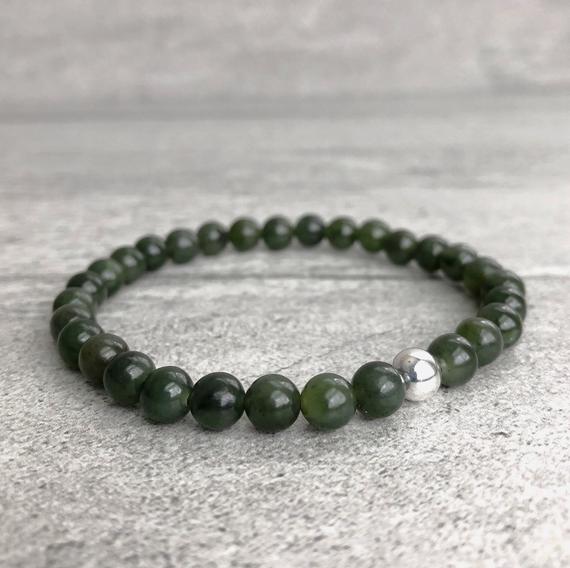 Green Jade Bracelet | Stretchy Sterling Silver Bracelet | Genuine Nephrite Jade Jewelry For Women, Men | Stackable Natural Jade Mala Beads