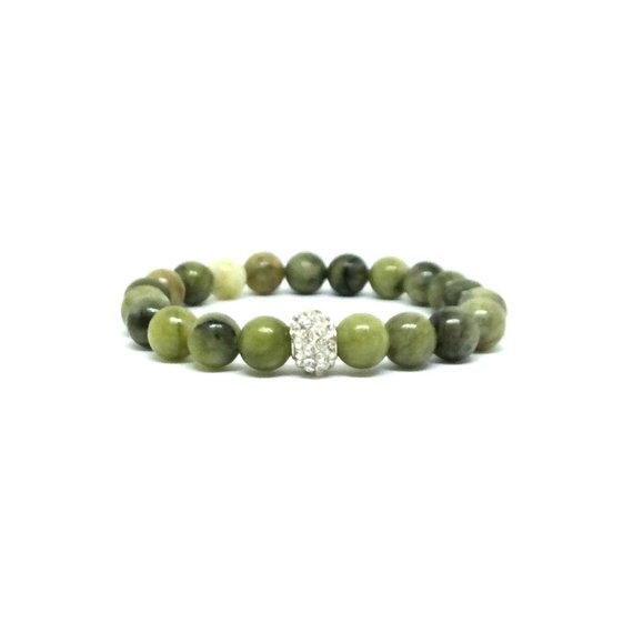 Green Jade Bracelet With Rhinestone Pave Focal