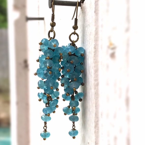 Blue Earrings - Brass Jewelry - Jade Gemstone Jewellery - Cluster - Mod - Fashion