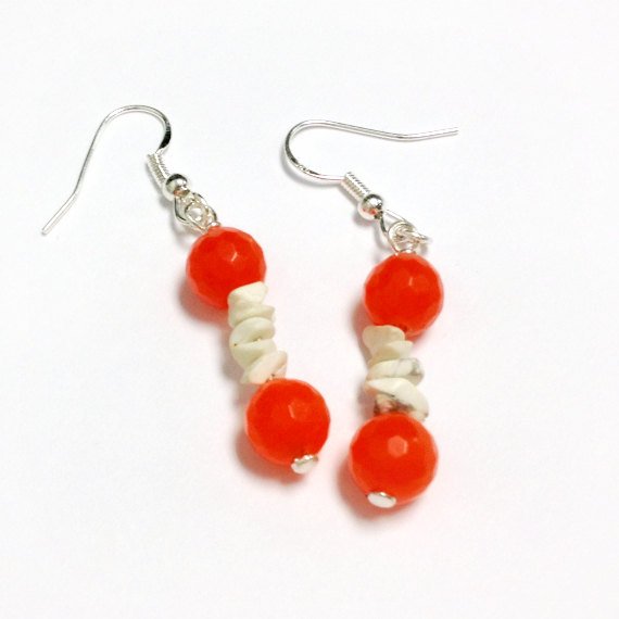 Orange Earrings - Jade Gemstone Jewelry - White Turquoise Jewellery - Boho - Sterling Silver - Neon - Modern Er-186