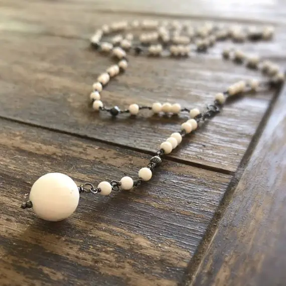 Jade Necklace - White Gemstone Jewelry - Long Rosary - Oxidized Sterling Silver Chain Jewellery - Beaded - Fashion