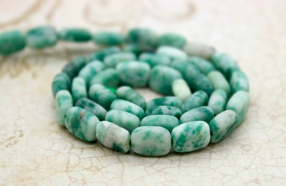 Green Jade Beads, Natural Matte Green Mountain Jade Flat Rectangle Loose Beads Gemstone - 6mm X 8mm, 7mm X 10mm - Full Strand - Pg89