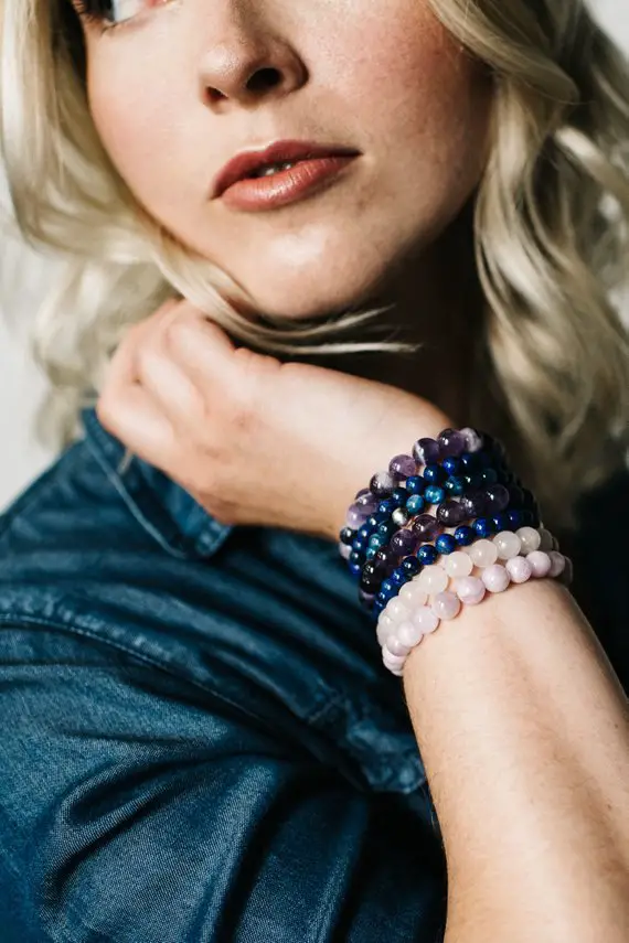 Kyanite Bracelet | Natural Crystal Stone Bracelet | Gold Or Silver Blue Kyanite Jewelry | Men’s, Women’s  Bead Stretch Bracelet