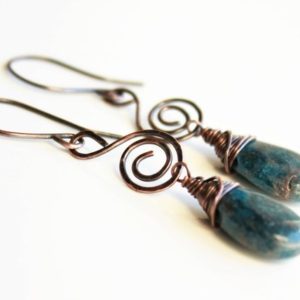 Blue Kyanite Earrings Copper wire wrapped natural gemstone artisan hand forged copper spiral dangle drops birthday holiday gift for her 3102 | Natural genuine Gemstone earrings. Buy crystal jewelry, handmade handcrafted artisan jewelry for women.  Unique handmade gift ideas. #jewelry #beadedearrings #beadedjewelry #gift #shopping #handmadejewelry #fashion #style #product #earrings #affiliate #ad