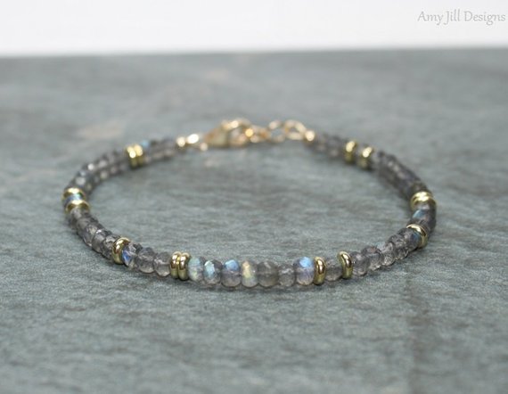 Labradorite Bracelet, Labradorite Jewelry, Brass, Blue Flash, Beaded, Layering Bracelet, Gemstone Jewelry