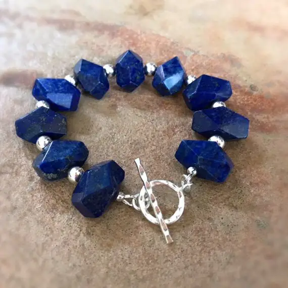 Lapis Bracelet - Navy Blue Jewelry - Sterling Silver Jewellery - Gemstone - Beaded - Lapis Lazuli - Chunky
