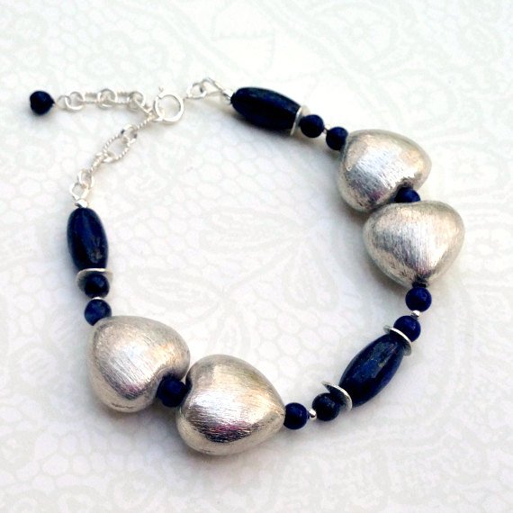 Lapis Lazuli Bracelet - Navy Blue Jewelry - Mother Daughter - Sterling Silver Heart - Gemstone Jewellery