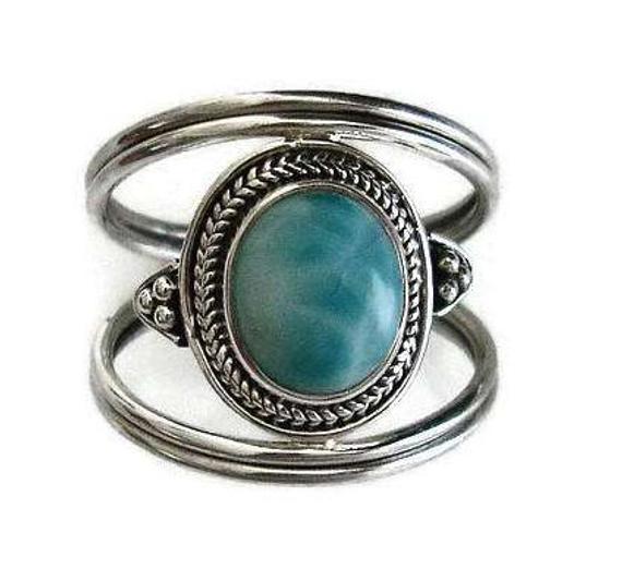 Unisex Boho Oval Larimar Ring, 925 Sterling Silver, Dominican Republic Turquoise Gemstone, Forefinger Pinky Thumb Ring, Mistry Gems, R29l