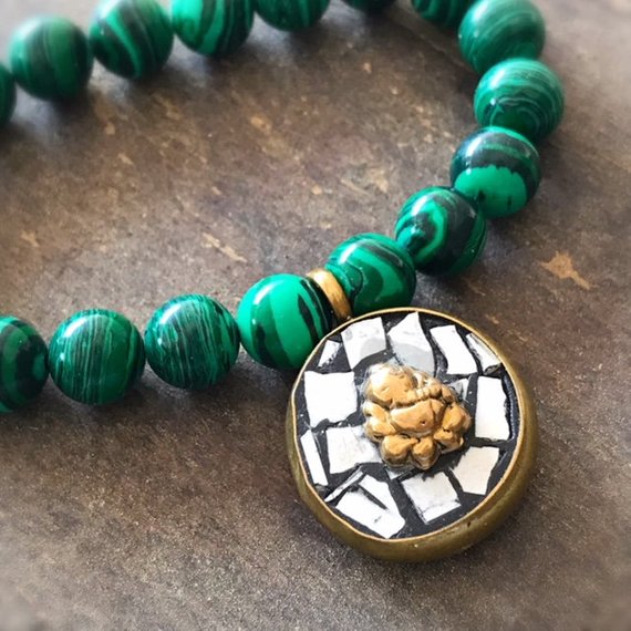 Malachite Bracelet - Green Jewelry - Beaded Jewellery - Charm - Gold - Gemstone