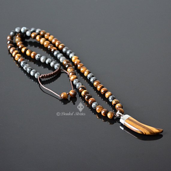 Mens Necklace Long Horn Necklace Tigers Eye Necklace Labradorite Necklace Tribal Necklace Healing Crystal Jewelry Boho Horn Necklace For Man
