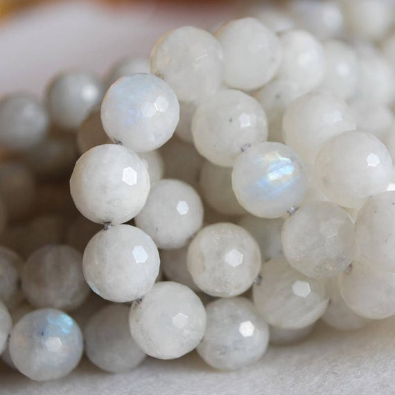 Natural Rainbow Moonstone Faceted Semi-precious Gemstone Round Beads - 6mm, 8mm, 10mm Sizes - 15" Strand