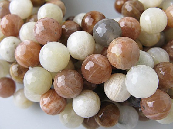 White/gray/peach Moonstone Faceted Round Beads 10mm 12mm 15.5" Strand