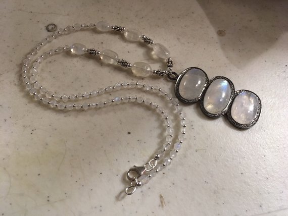 Moonstone Necklace - Rainbow Moonstone Gemstone Jewelry - Sterling Silver Jewellery - Iridescent - Pave Diamond Pendant