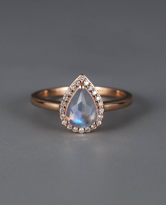 Moonstone Engagement Ring White Gold Engagement Ring Vintage Art Deco Wedding Antique Unique Halo Set Bridal  Anniversary Promise Ring