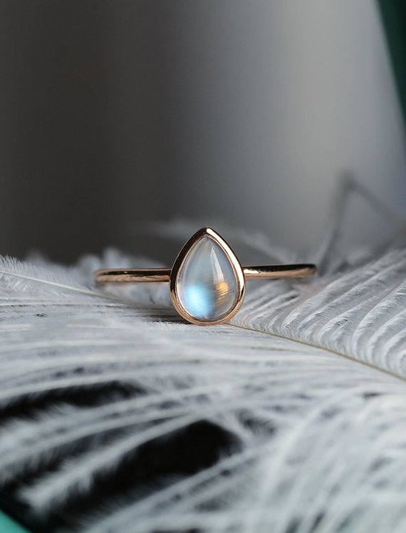 Pear Shaped Moonstone Engagement Ring Rose Gold Bezel Set Simple Wedding Bridal Art Deco  Ring Birthstone Modern Promise Anniversary Ring