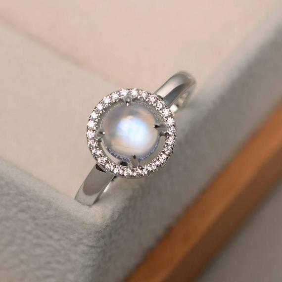 Natural Blue Moonstone Rings, Unique Engagement Rings, June Birthstone, Round Cut Rings, Halo Rings
