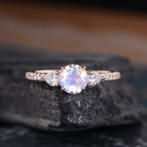 Rose Gold Moonstone Engagement Ring Moissanite Pear Shaped Diamond Women Bridal Wedding Ring Unique Rainbow Antique June Birthstone
