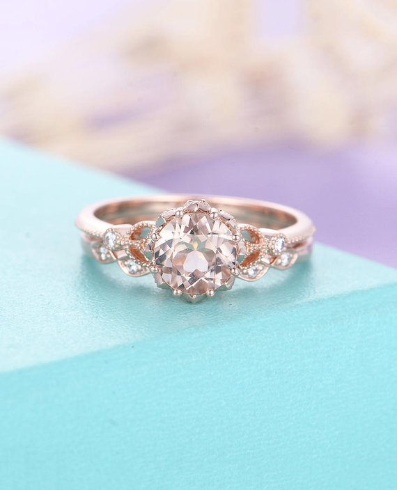 Morganite Engagement Ring Rose Gold Engagement Ring Vintage Art Deco Antique Diamond Wedding Ring  Bridal Set Promise Anniversary Ring