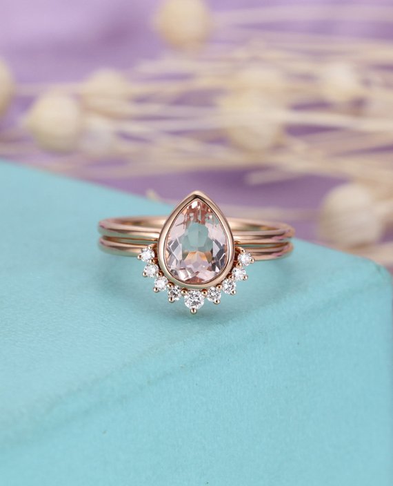Morganite Engagement Ring Set Vintage Rose Gold Diamond Curved Wedding Band Women Pear Shaped Bezel Set Stacking Anniversary Ring