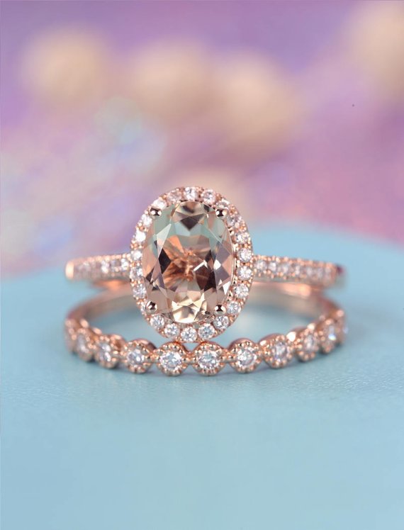 Oval Morganite Engagement Ring Set Rose Gold Vintage Halo Diamond Moissanite Wedding Band Art Deco Half Eternity Band Anniversary Ring