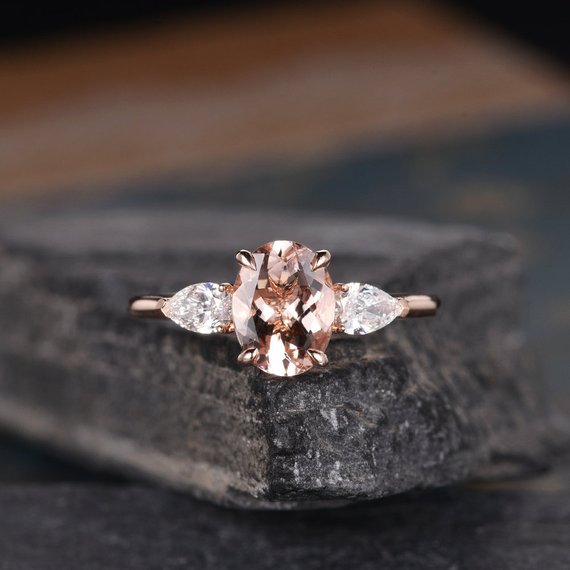 Oval Cut Morganite Engagement Ring Rose Gold Pear Shaped Moissanite Three Stone Bridal Wedding Women Antique Ring Anniversary Gift For Her