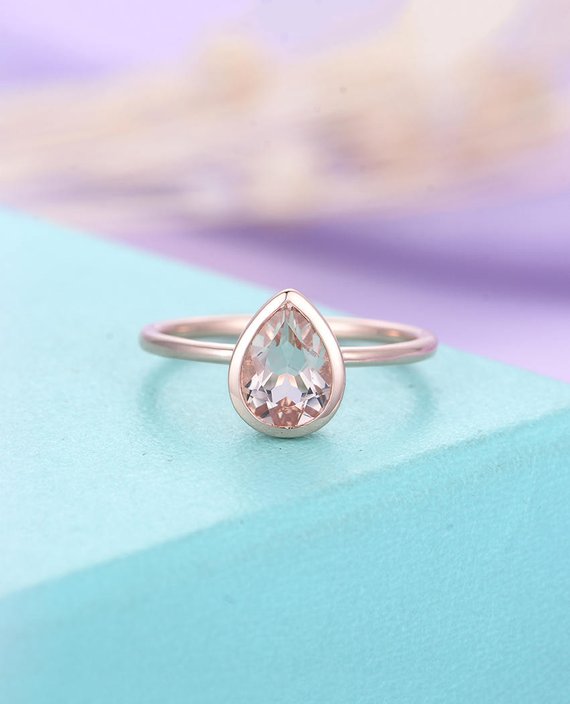 Morganite Engagement Ring Rose Gold Pear Cut Simple Wedding Bridal Delicate Art Deco Stacking Anniversary Personalized Promise Ring