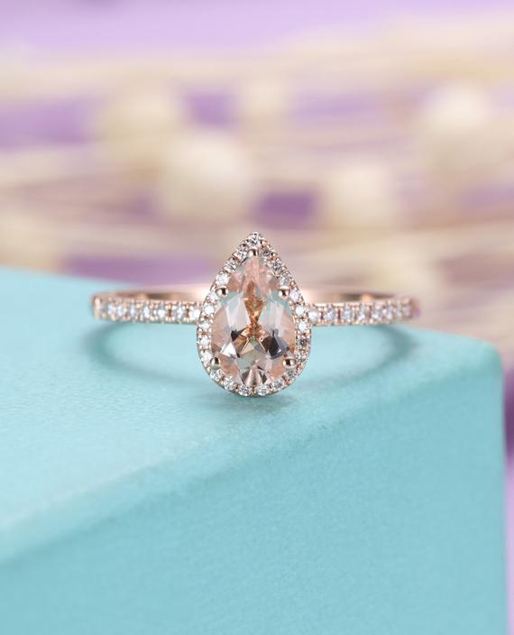 Pear Shaped Engagement Ring Rose Gold Morganite Wedding Ring Vintage Halo Diamond Ring Anniversary Ring Bridal Ring Half Eternity Ring