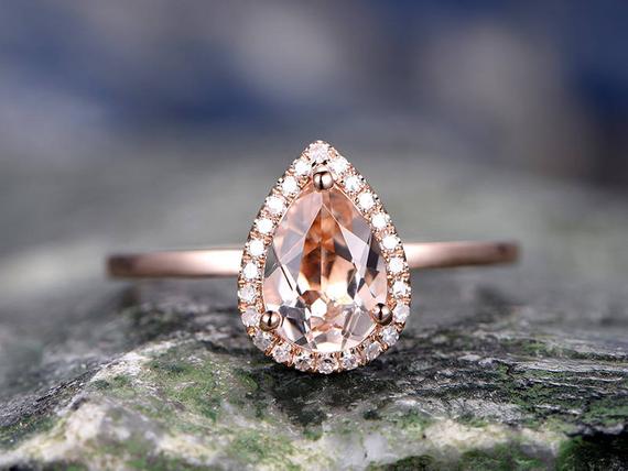 Pink Morganite Engagement Ring Solid 14k Rose Gold Ring Real Diamond Halo Ring Pear Antique Unique Gift Bridal Wedding Promise Ring For Her