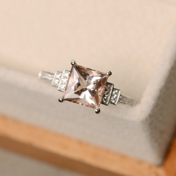 Princess Cut Morganite Ring, Silver, Pink Morgnaite, Engagement Ring