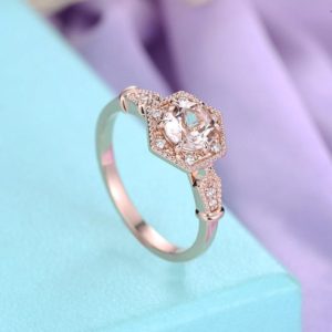 Shop Morganite Jewelry! Morganite Vintage Engagement Ring Rose Gold Round cut Unique Antique Art Deco Diamond Wedding Bridal set Promise Anniversary ring | Natural genuine Morganite jewelry. Buy handcrafted artisan wedding jewelry.  Unique handmade bridal jewelry gift ideas. #jewelry #beadedjewelry #gift #crystaljewelry #shopping #handmadejewelry #wedding #bridal #jewelry #affiliate #ad