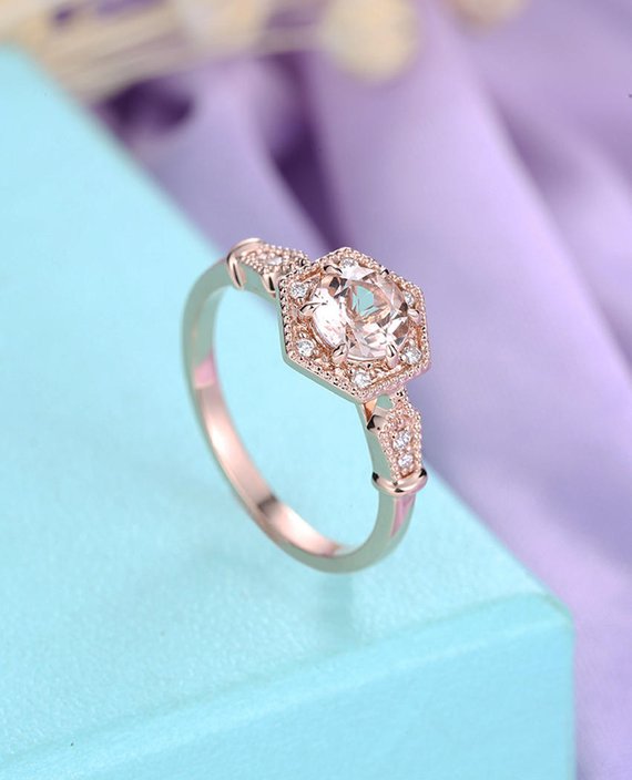 Morganite Vintage Engagement Ring Rose Gold Round Cut Unique Antique Art Deco Diamond Wedding Bridal Set Promise Anniversary Ring