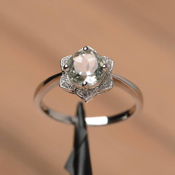 Natural Green Amethyst Ring Anniversary Wedding Ring Sterling Silver Round Cut Gemstone Ring Sunflower Ring