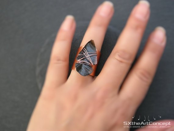 Black Obsidian Arrowhead Ring, Copper Ring, Bohemian Boho Chic Jewelry, Statement Ring, Sagittarius Scorpio Stone, Women Yoga Gift For Her