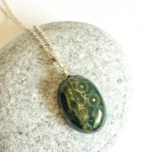 Shop Ocean Jasper Necklaces! Tiny Ocean Jasper pendant, Men's pendant, Green oval Stone pendant, Natural Ocean jasper pendant, Sterling Silver pendant, gift for him | Natural genuine Ocean Jasper necklaces. Buy crystal jewelry, handmade handcrafted artisan jewelry for women.  Unique handmade gift ideas. #jewelry #beadednecklaces #beadedjewelry #gift #shopping #handmadejewelry #fashion #style #product #necklaces #affiliate #ad