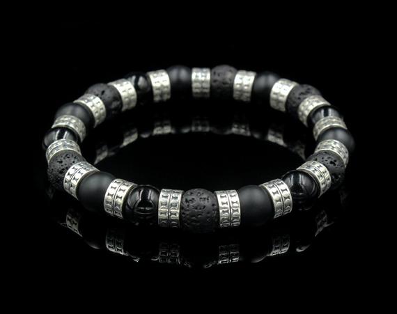 Men's Bracelet, Onyx, Lava Stone, And Sterling Silver Bracelet, Bead Bracelet Man, Mixed Black Stone Bracelet,beaded Bracelet, Bracelet Men