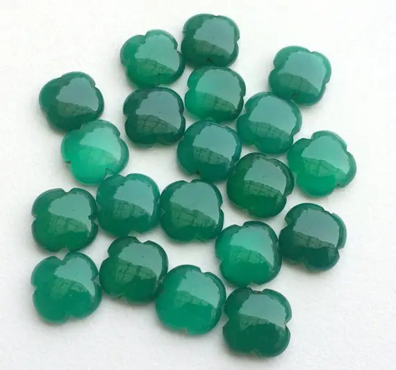 15mm Green Chalcedony Fancy Floral Cabochons, 6 Pieces Emerald Color Chalcedony Clover Shape, Flat Plain Floral Gems For Jewelry - Ks3197