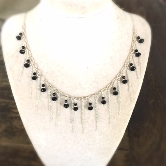 Black Necklace - Onyx - Fringe - Sterling Silver Jewelry - Handmade Gemstone Jewellery - Chain - Luxe