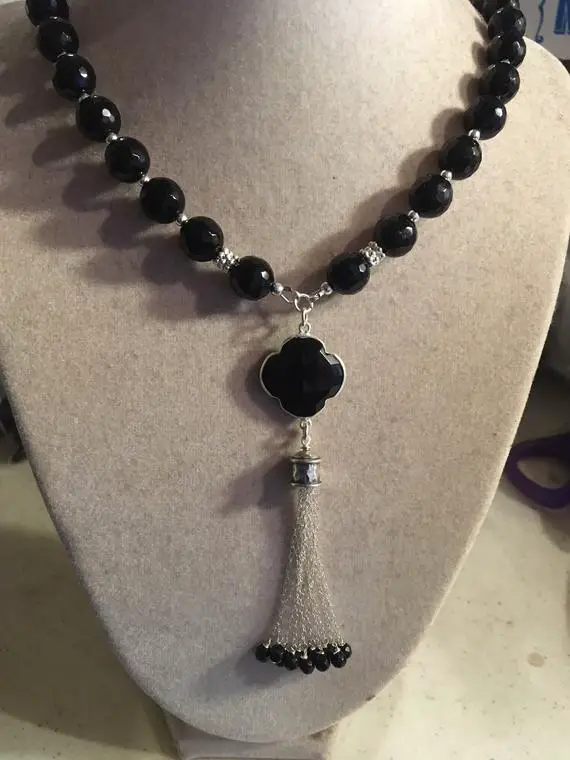 Black Onyx Necklace - Sterling Silver Jewelry - Gemstone Jewellery - Quatrefoil - Tassel Pendant - Beaded - Hand Made
